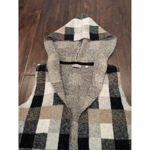 Sweater Cardigan Sleeveless Medium Tan Black Checked Hooded Open Soft Longline - Picture 4 of 9